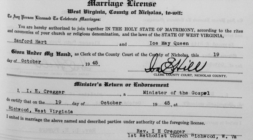 Marriage License Sanford Hart and Ice May Queen